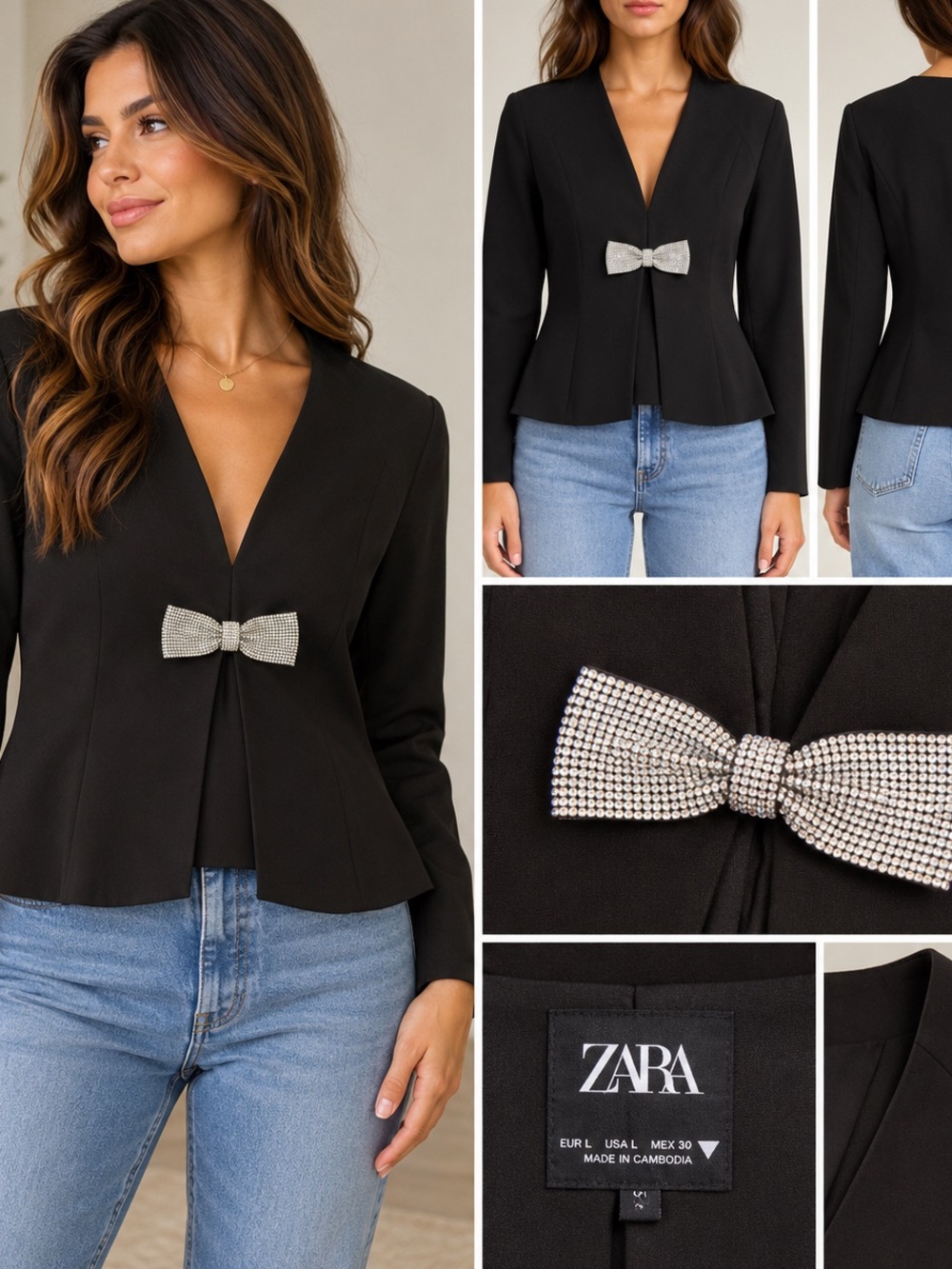 ZARA Black Tailored V-Neck Jacket with Crystal Bow